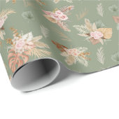 Papier Cadeau Pampas Grass & Fleurs sur vert olive (Coin rond)