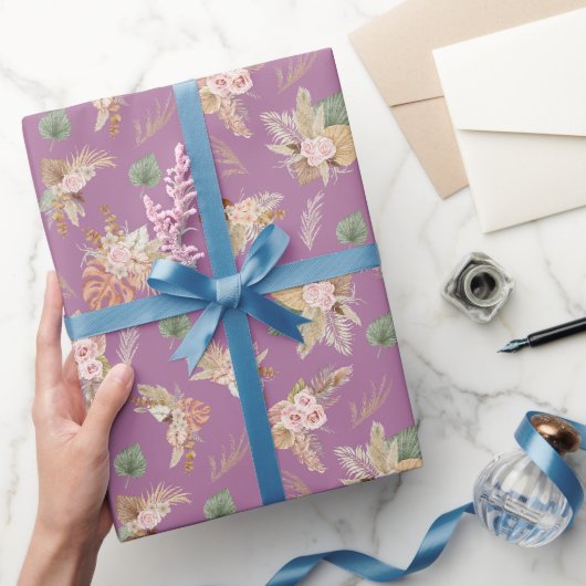 Papier Cadeau Pampas Grass & Fleurs sur violet (Cadeaux)