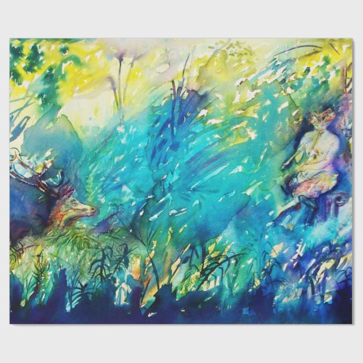 PAPIER CADEAU PAN JOUER FLUTE ET CERF EN BOIS VERT (Plat)