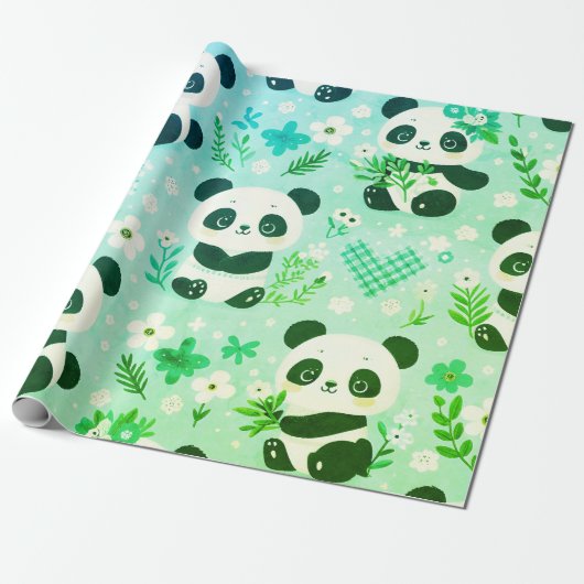 Papier Cadeau Panda Bear Motif Vert Imprimer (Déroulé)