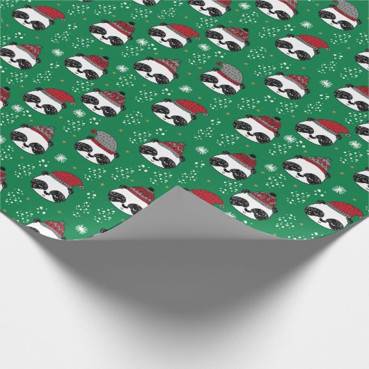 Papier Cadeau Panda d'hiver Noël rouge et vert mignon (Coin)