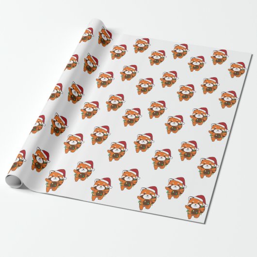 Papier Cadeau Panda rouge Animaux d'hiver Pandas rouge enveloppe (Déroulé)