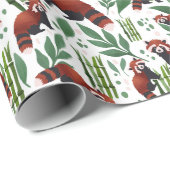Papier Cadeau Panda rouge aquarelle avec bambou et feuillage (Coin rond)