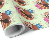 Papier Cadeau Panda Rouge Lotus Fleurs Henné (Coin rond)