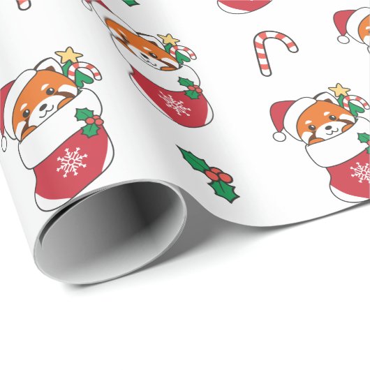 Papier Cadeau Panda Rouge Noël Neige Animaux d'hiver Panda (Coin rond)