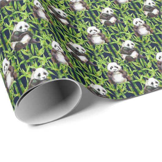 Papier Cadeau Panda with Bamboo Watercolor Pattern (Coin rond)