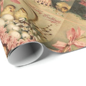 PAPIER CADEAU PANIER ÉLÉGANT, POULET, FLEURS ET OEUFS DE PÂQUES (Coin rond)