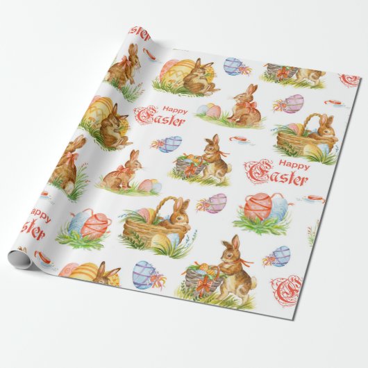Papier Cadeau Paniers lapins vintages de Pâques (Déroulé)