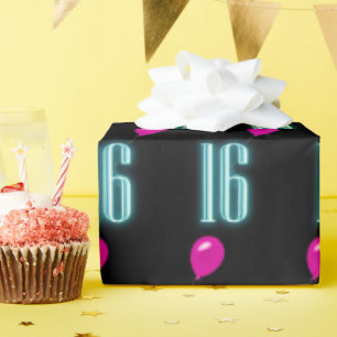 Papier Cadeau Panneau néon 16e anniversaire avec ballon