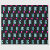 Papier Cadeau Panneau néon 16e anniversaire avec ballon (Plat)