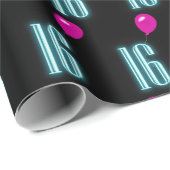 Papier Cadeau Panneau néon 16e anniversaire avec ballon (Coin rond)