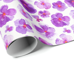 Papier Cadeau Pansies blanches violettes aquarelle florale envel