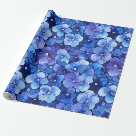 Papier Cadeau Pansies de style aquarelle bleu violet imprimé Flo (Déroulé)
