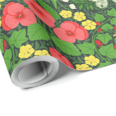 Papier Cadeau Pansies rouges, oiseaux et papillons (Coin rond)