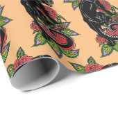 Papier Cadeau Panthère noire grisonnante et roses en fleurs enve (Coin rond)