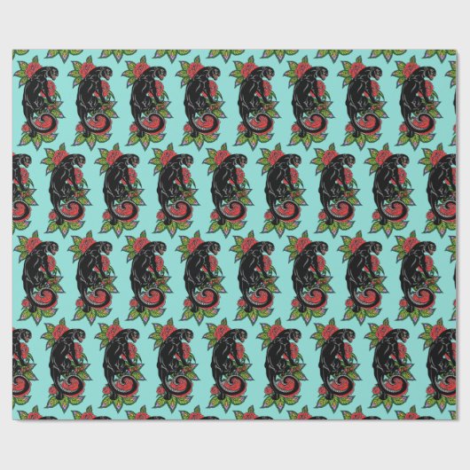 Papier Cadeau Panthère noire grisonnante et roses en fleurs enve (Plat)