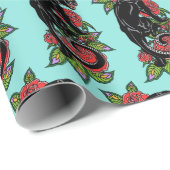 Papier Cadeau Panthère noire grisonnante et roses en fleurs enve (Coin rond)