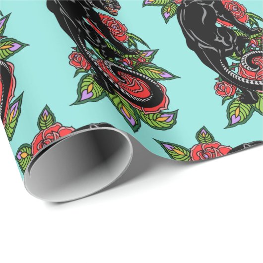 Papier Cadeau Panthère noire grisonnante et roses en fleurs enve (Coin rond)