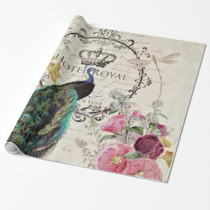 Papier Cadeau Paon et fleurs printanières