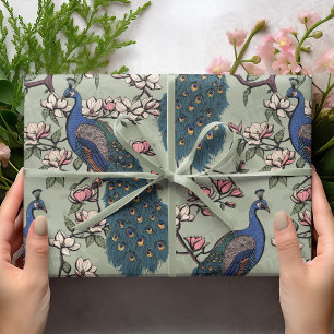 Papier Cadeau Paons Vert Sauge et Fleurs de Magnolia
