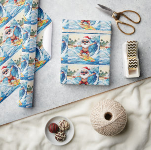 Papier Cadeau Papa Noël surfant sur une grosse vague à Hawaï