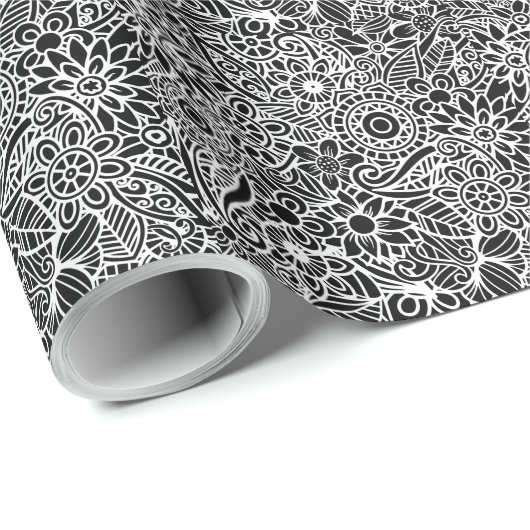 Papier Cadeau Paper de Floral Black White Wrapping (Coin rond)