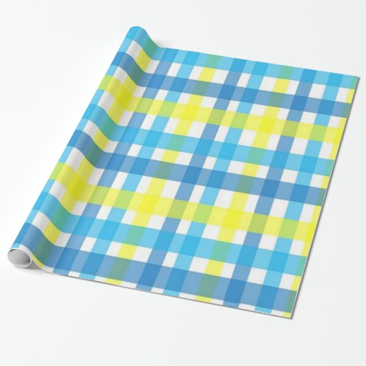 Papier Cadeau Papier à envelopper brillant bleu jaune Plaid (Déroulé)