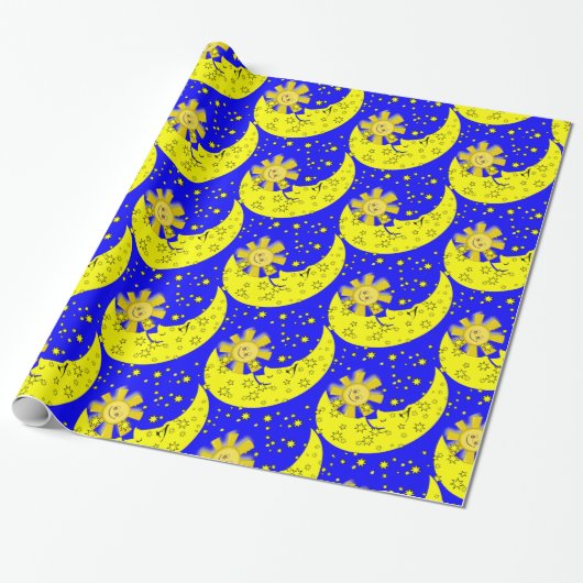 Papier Cadeau Papier à envelopper brillant, Lune Soleil Bleu Jau (Déroulé)