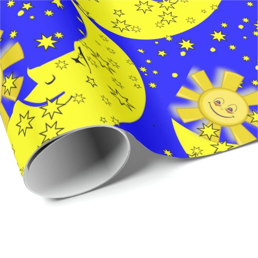 Papier Cadeau Papier à envelopper brillant, Lune Soleil Bleu Jau (Coin rond)