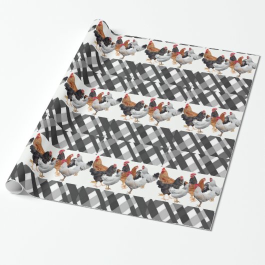 Papier Cadeau Papier à envelopper brillant Poulets noir Plaid (Déroulé)