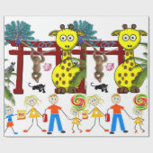 Papier Cadeau Papier à envelopper brillant, Singe à Giraffe Zoo (Plat)