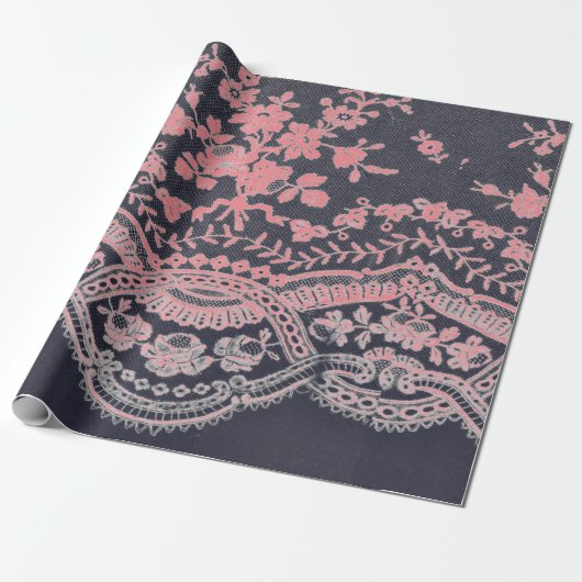 Papier Cadeau Papier à envelopper LACE NOIR ET ROSE ANTIQUE (Déroulé)