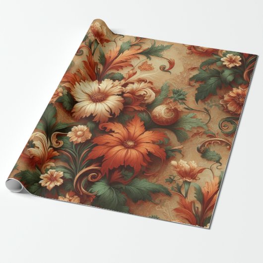 Papier Cadeau Papier à envelopper - Orange brûlé, Crème, Vert mo (Déroulé)