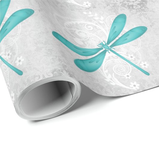 Papier Cadeau Papier à Mariage à libellules turquoises (Coin rond)