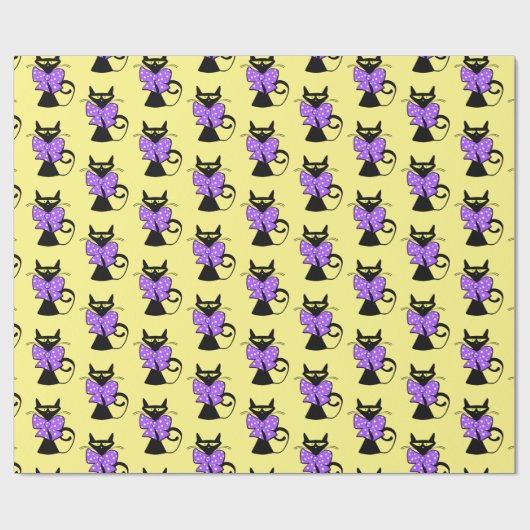 Papier Cadeau Papier brillant à envelopper, Chat noir jaune Bow  (Plat)