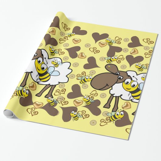 Papier Cadeau Papier brillant à envelopper, Moutons Abeilles Coe (Déroulé)
