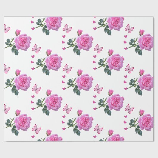 Papier Cadeau Papier brillant à envelopper, Papillon floral rose (Plat)