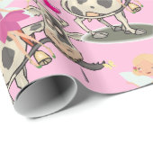 Papier Cadeau Papier brillant, Coeur de vaches de fées roses (Coin rond)