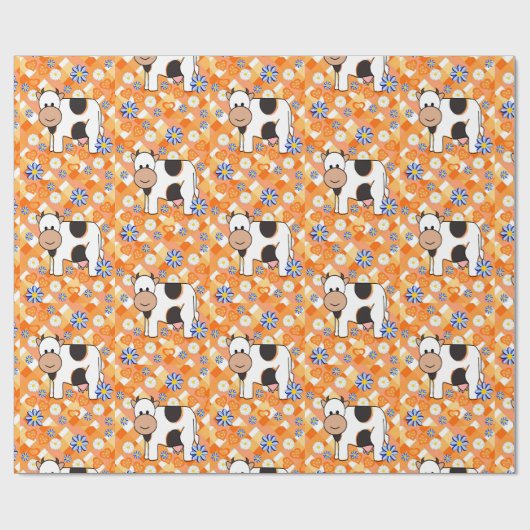 Papier Cadeau Papier brillant, Fleurs Bleues Oranges Vaches (Plat)