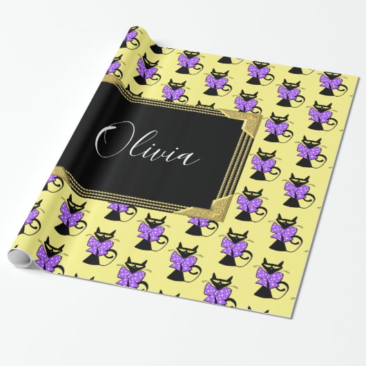 Papier Cadeau Papier brillant, Monogramme de chat jaune noir (Déroulé)