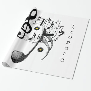 Papier Cadeau Papier brillant, notes de musique noir et blanc