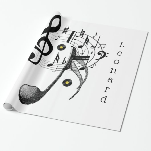 Papier Cadeau Papier brillant, notes de musique noir et blanc (Déroulé)