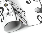 Papier Cadeau Papier brillant, notes de musique noir et blanc (Coin rond)