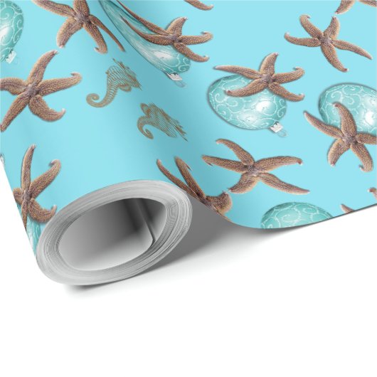 Papier Cadeau Papier de Noël Motif de poisson étoilé bleu marine (Coin rond)