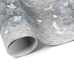 Papier Cadeau Papier de Noël Papier bleu Arbre Argent Coeurs