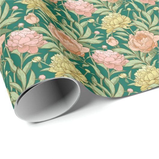 Papier Cadeau Papier d'emballage à fleurs vert, rose, pêche et j (Coin rond)