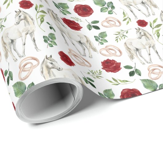 Papier Cadeau Papier d'emballage de mariage Chevaux & Roses Roug (Coin rond)