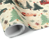 Papier Cadeau Papier d'emballage de Noël avec arbres et voitures (Coin rond)