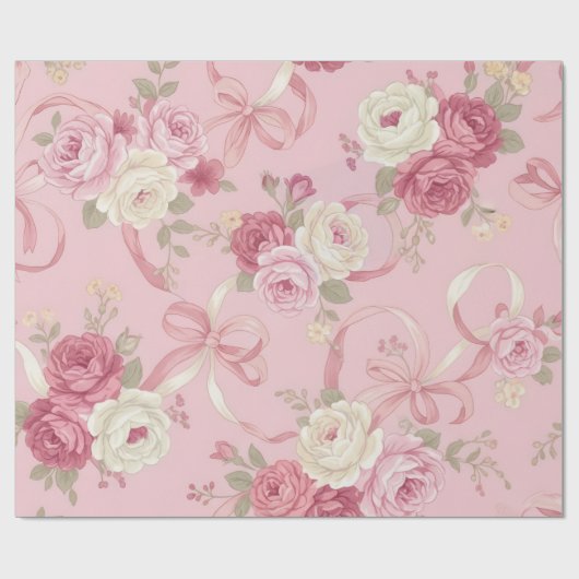 Papier Cadeau Papier d'emballage Fleurs roses et rubans (Plat)