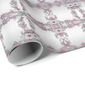 Papier Cadeau Papier d'emballage floral argent rose blanc (Coin rond)